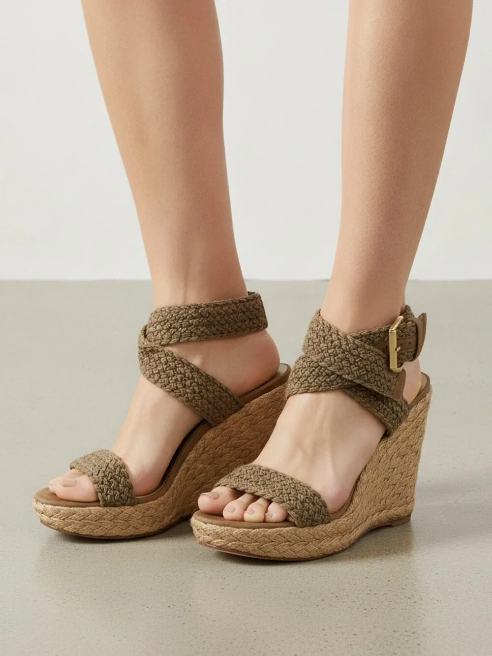Stuart Weitzman Brown Woven Espadrille Wedge | Leather, Size US 10